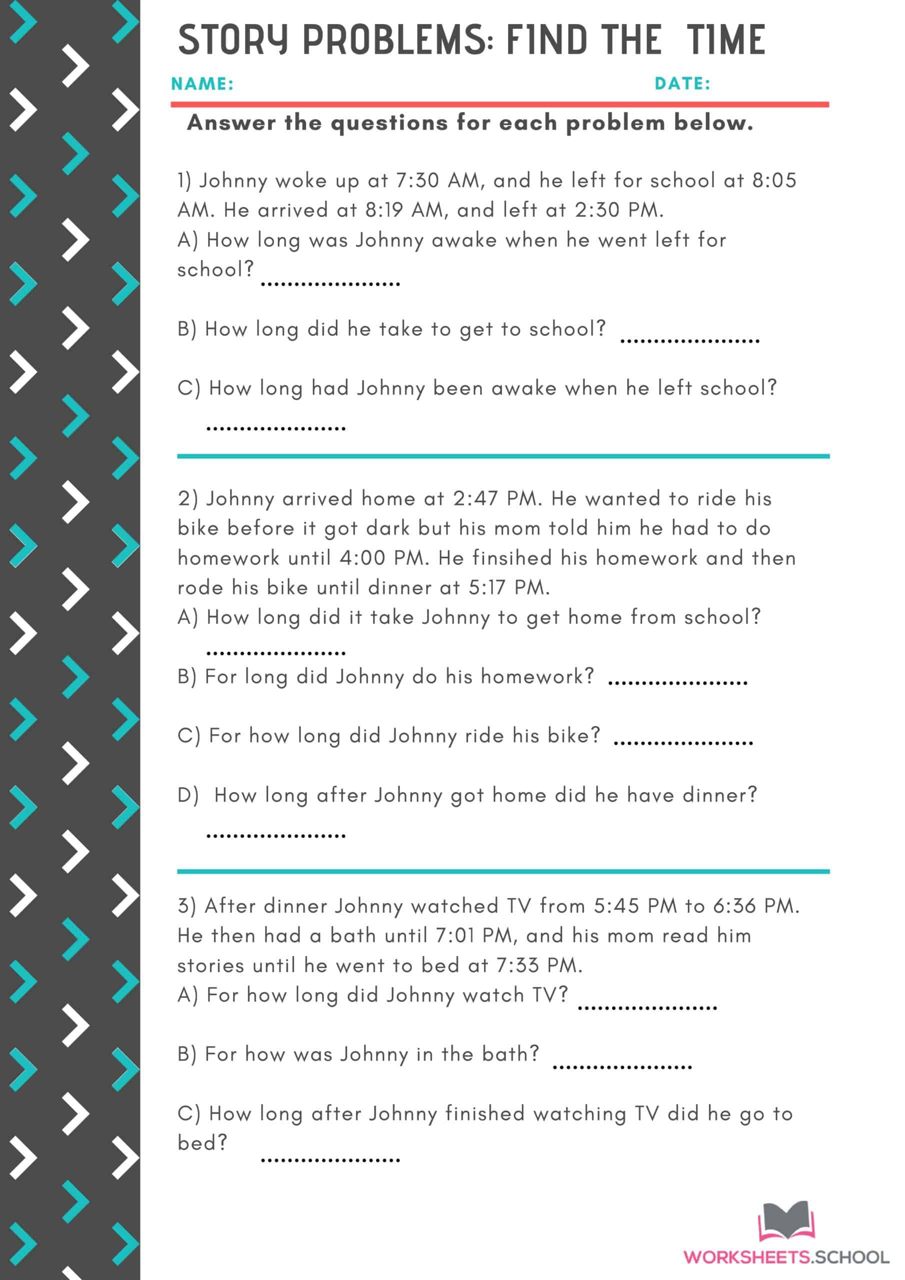 Story Problems - Find the Time Worksheet
