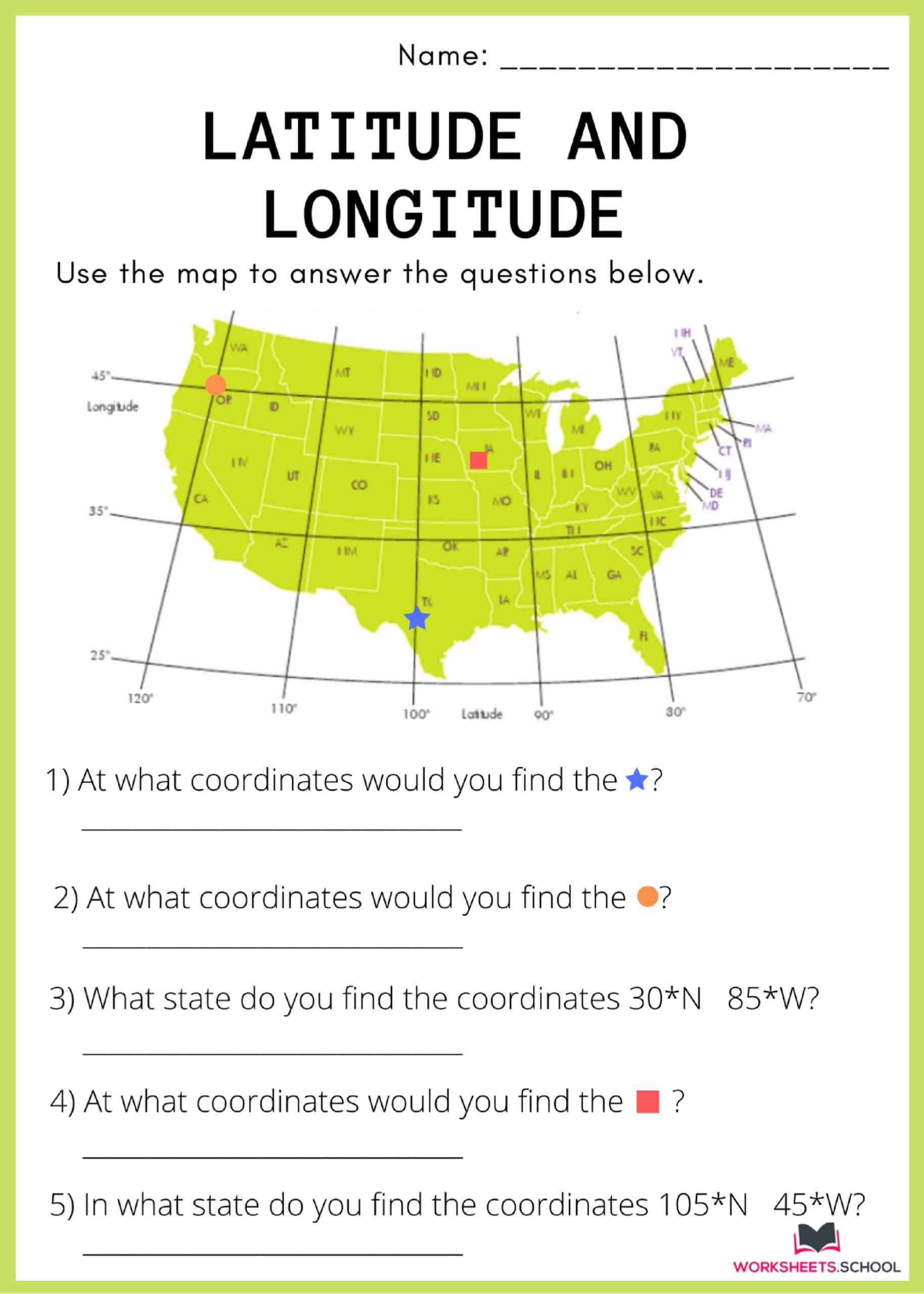 Latitude and Longitude Worksheet - Using the Map 3