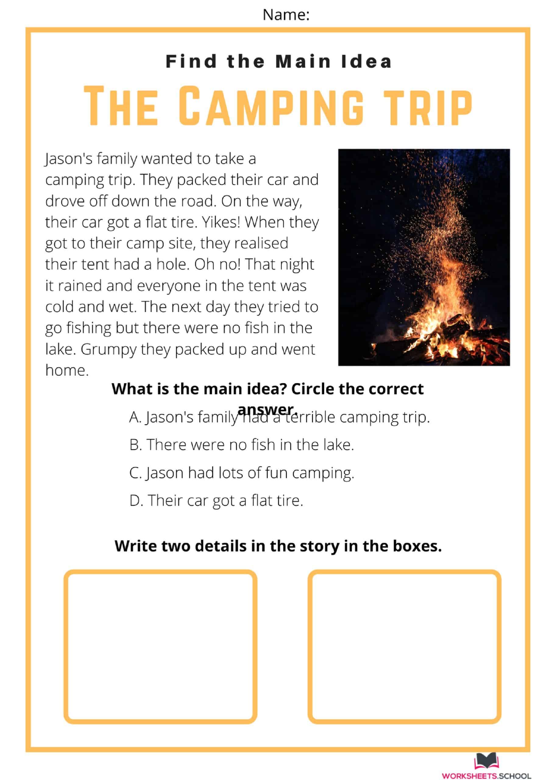 Main Idea Worksheet - The Camping Trip